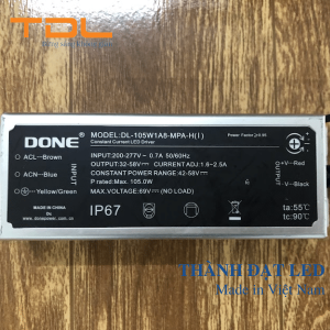 Nguồn điện DONE 80W (DL-85W1A8-MPA) - 100~277Vac 50/60Hz; Out: 32~58Vdc; Output: 1.2~2.0A; PF~0.95; Protection: IP67 - 4KV/15KV; Size: 143*49*31mm